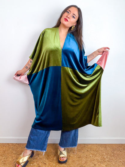 Velvet Caftan Dress Teal Olive Color Block