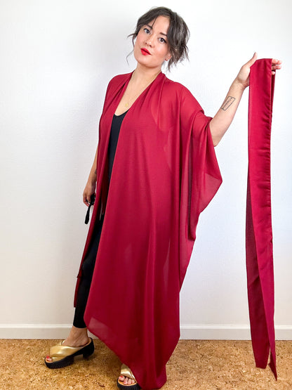 Print High Low Kimono Crimson Mini Grid Chiffon