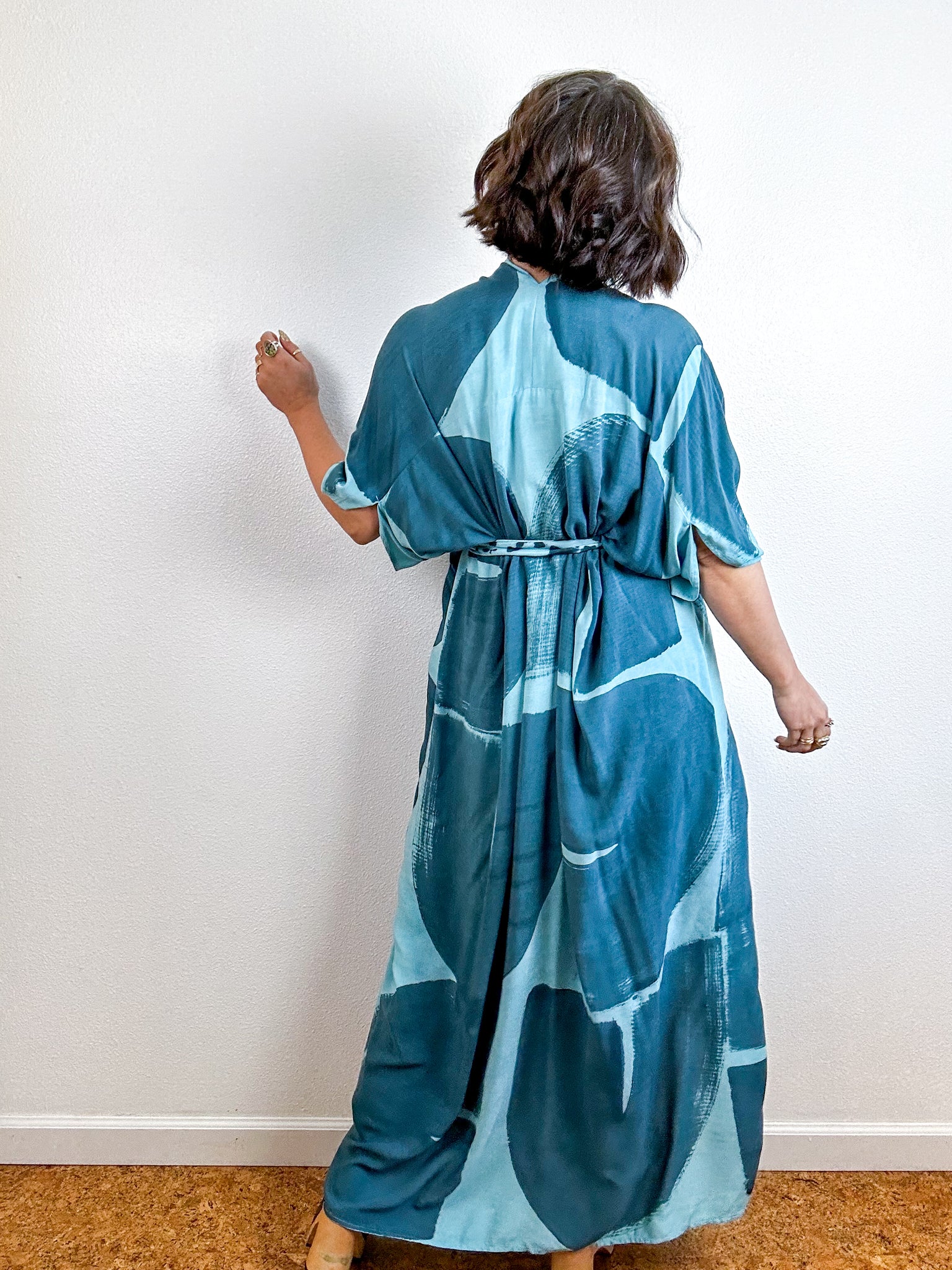 Hand-Dyed High Low Kimono Aqua Teal Arc