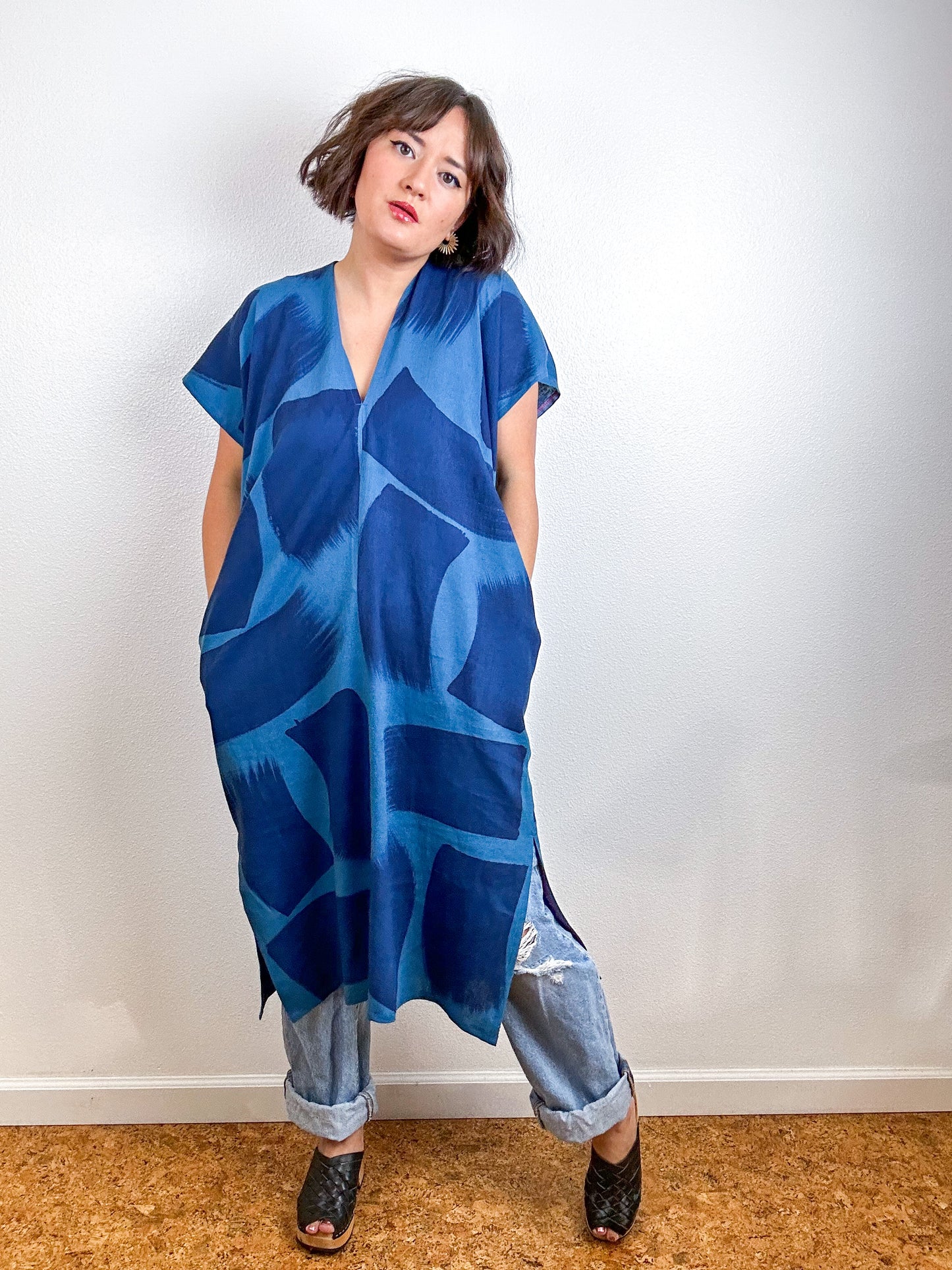 Hand-Dyed Midi Smock Dress Teal Indigo Brush