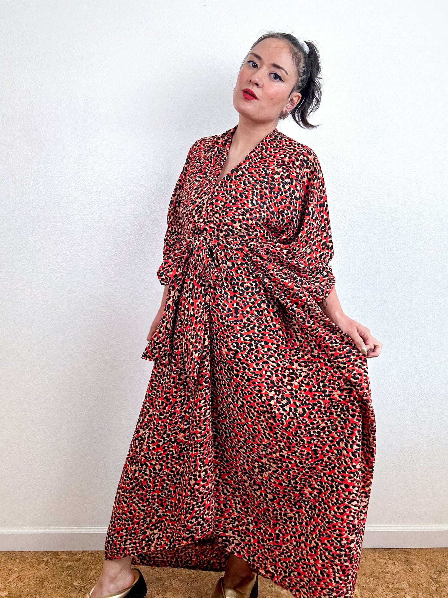Print High Low Kimono Red Leopard Georgette