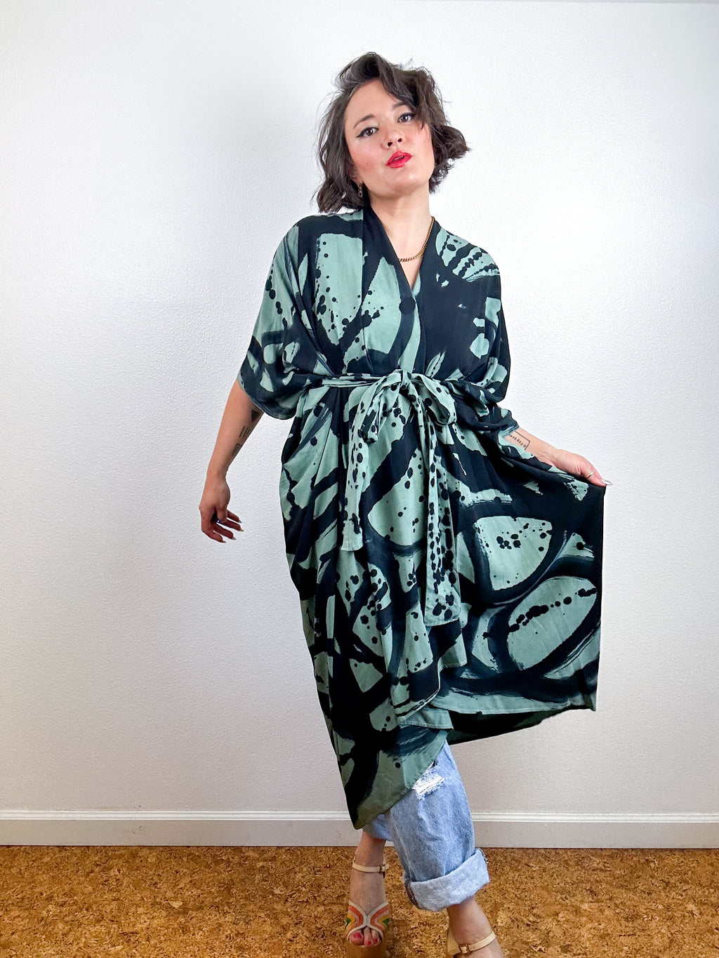 Hand-Dyed High Low Kimono Sage Black Sumi