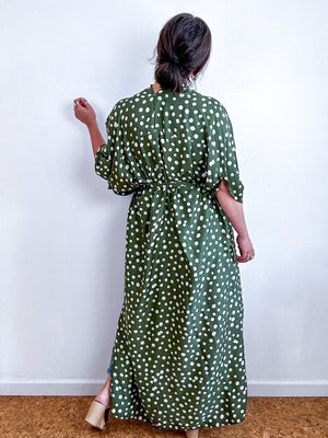 Print High Low Kimono Olive Ivory Dots Challis