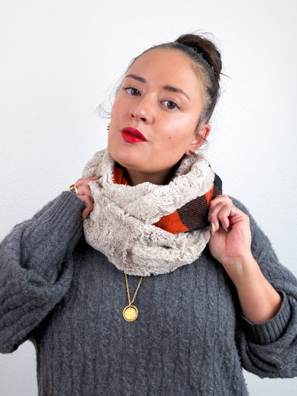Faux Fur Circle Scarf Latte Rust Check