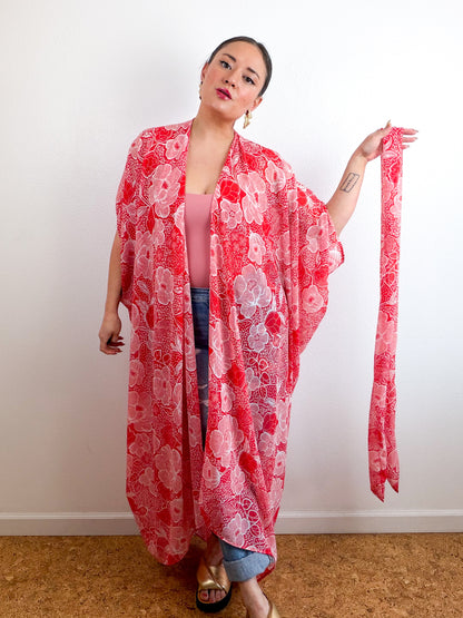 Print High Low Kimono Red Floral Chiffon
