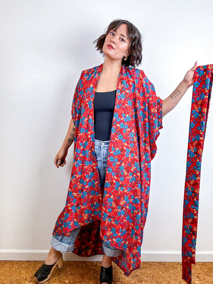 Print High Low Kimono Red Mini Floral Crepe de Chine
