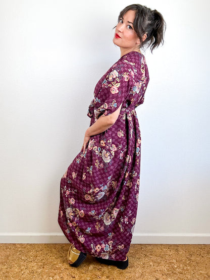 Print High Low Kimono Maroon Paisley Bubble Crepe