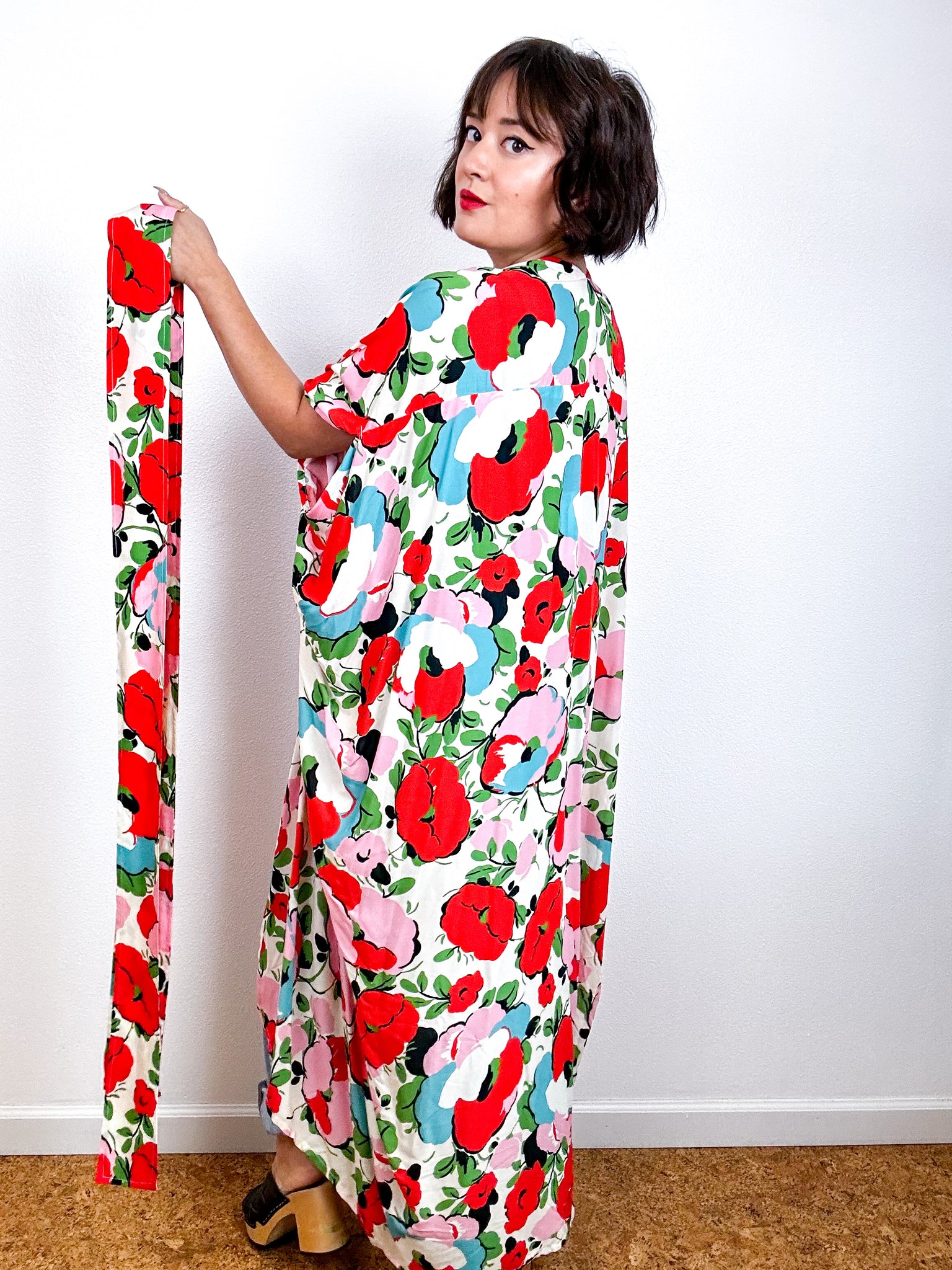 Print High Low Kimono Pink Red Floral Challis