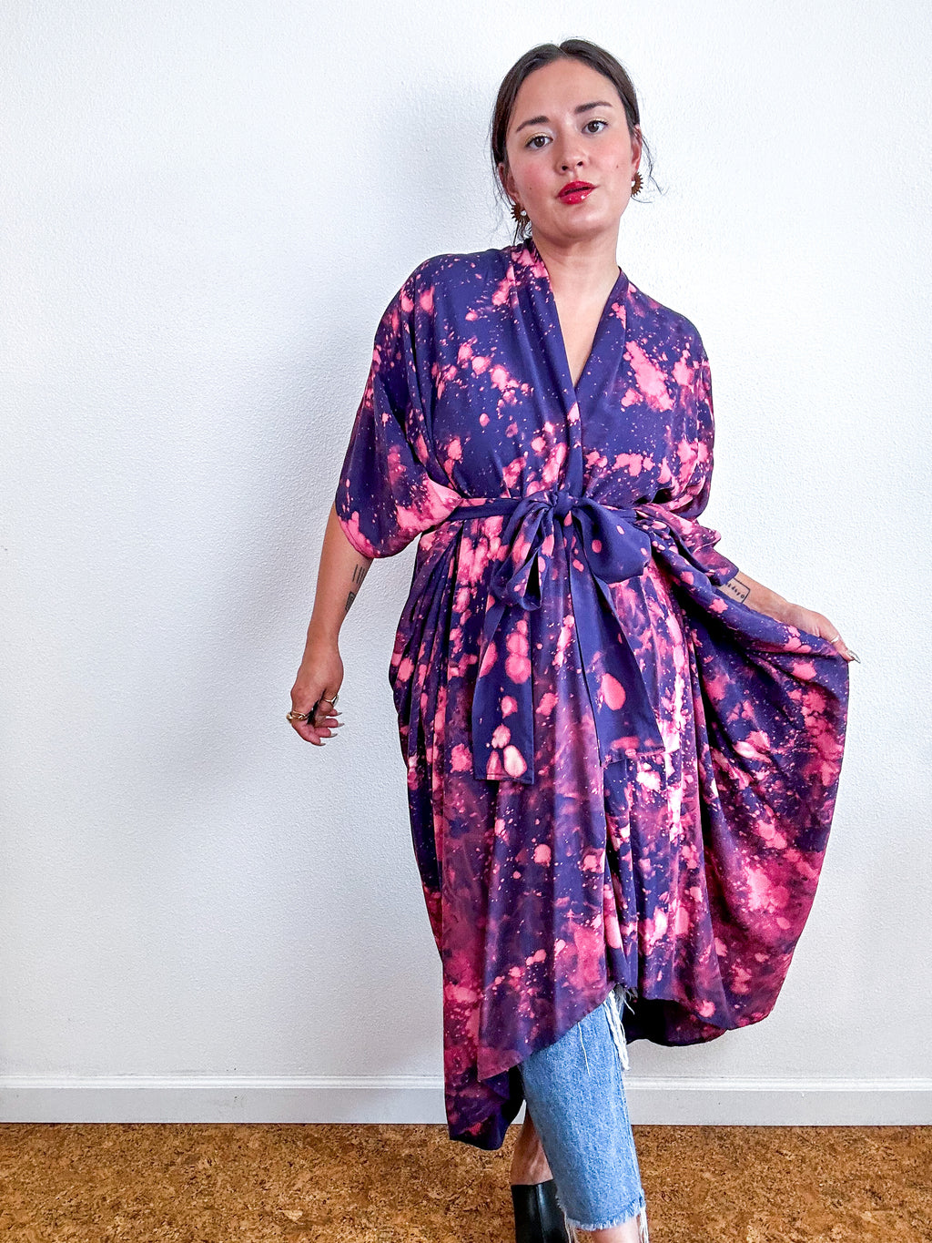 Bleached High Low Kimono Navy Peach Speckle
