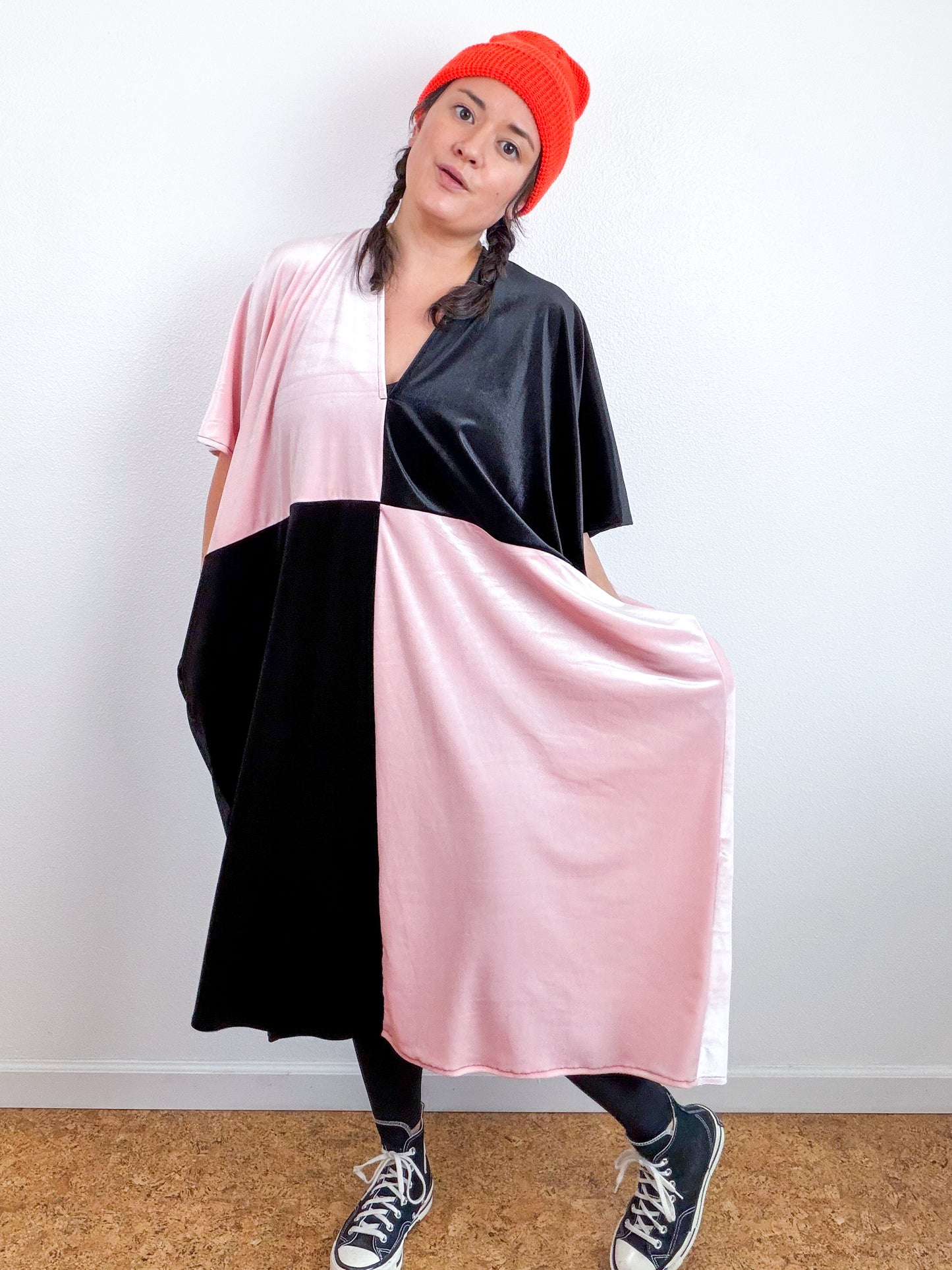 Velvet Caftan Dress Black Baby Pink Color Block