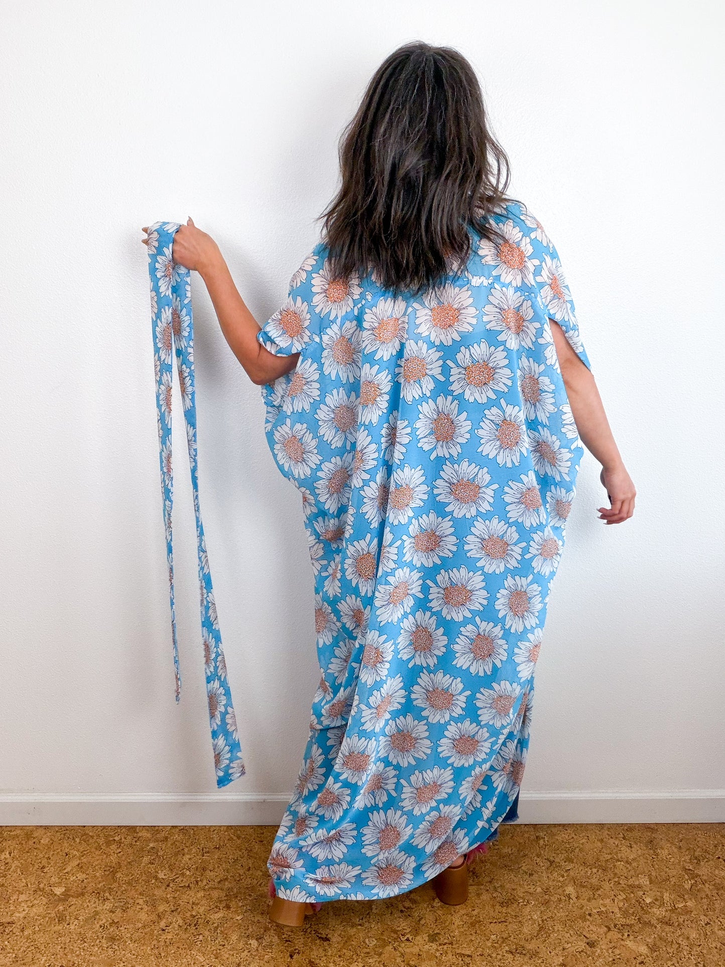 Print High Low Kimono Turquoise Daisy Chiffon