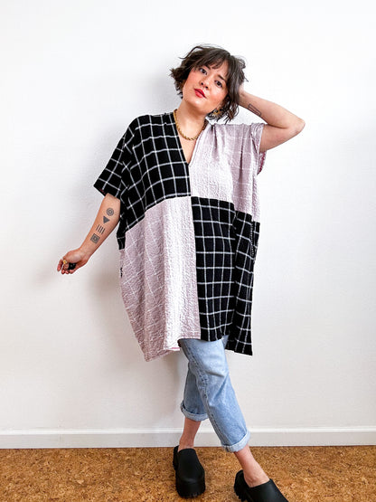 Oversized Windowpane Seersucker Smock Dress Black Rose