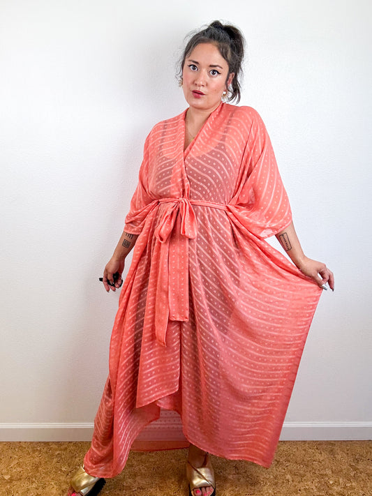 Print High Low Kimono Coral Dots Stripes Chiffon