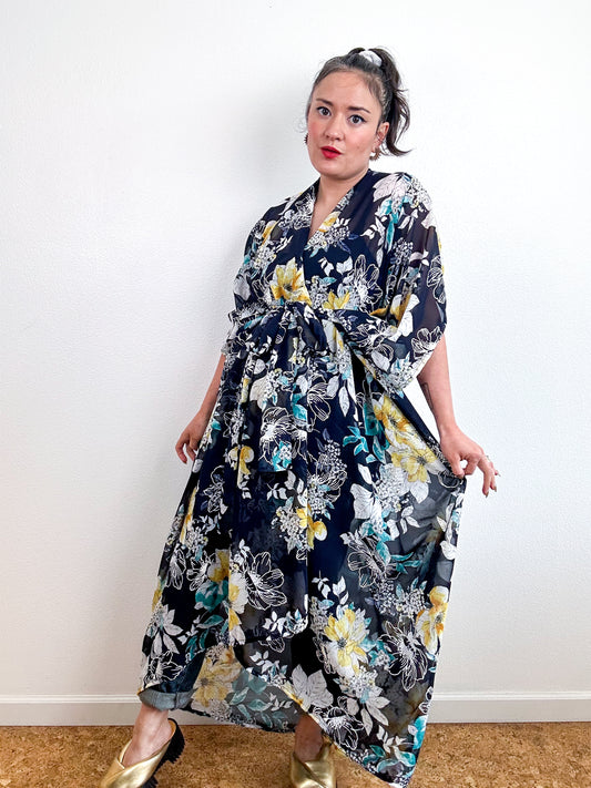 Print High Low Kimono Navy Yellow Teal Floral Chiffon