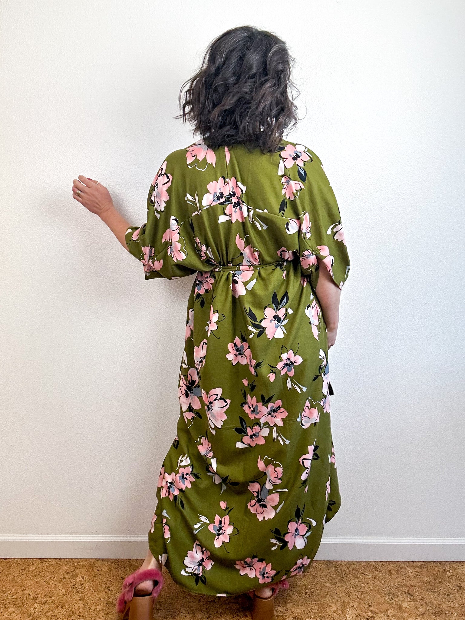 Print High Low Kimono Olive Pink Floral Challis