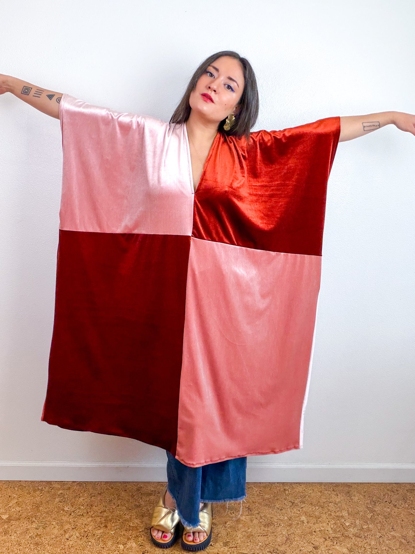 Velvet Caftan Dress Rust Blush Color Block