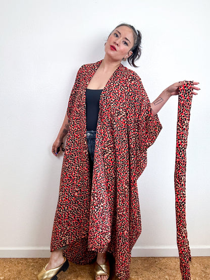 Print High Low Kimono Red Leopard Georgette