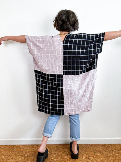 Oversized Windowpane Seersucker Smock Dress Black Rose