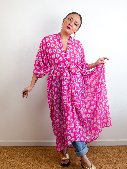 Print High Low Kimono Hot Pink Daisy Chiffon