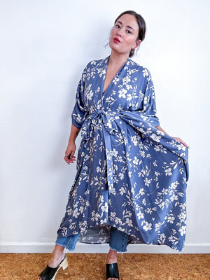 Print High Low Kimono Blue Floral Jacquard Challis
