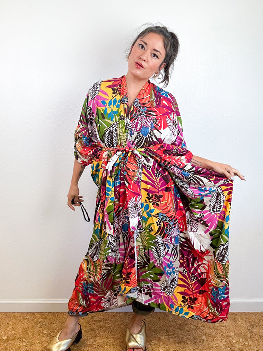 Print High Low Kimono Multicolor Tropical Challis