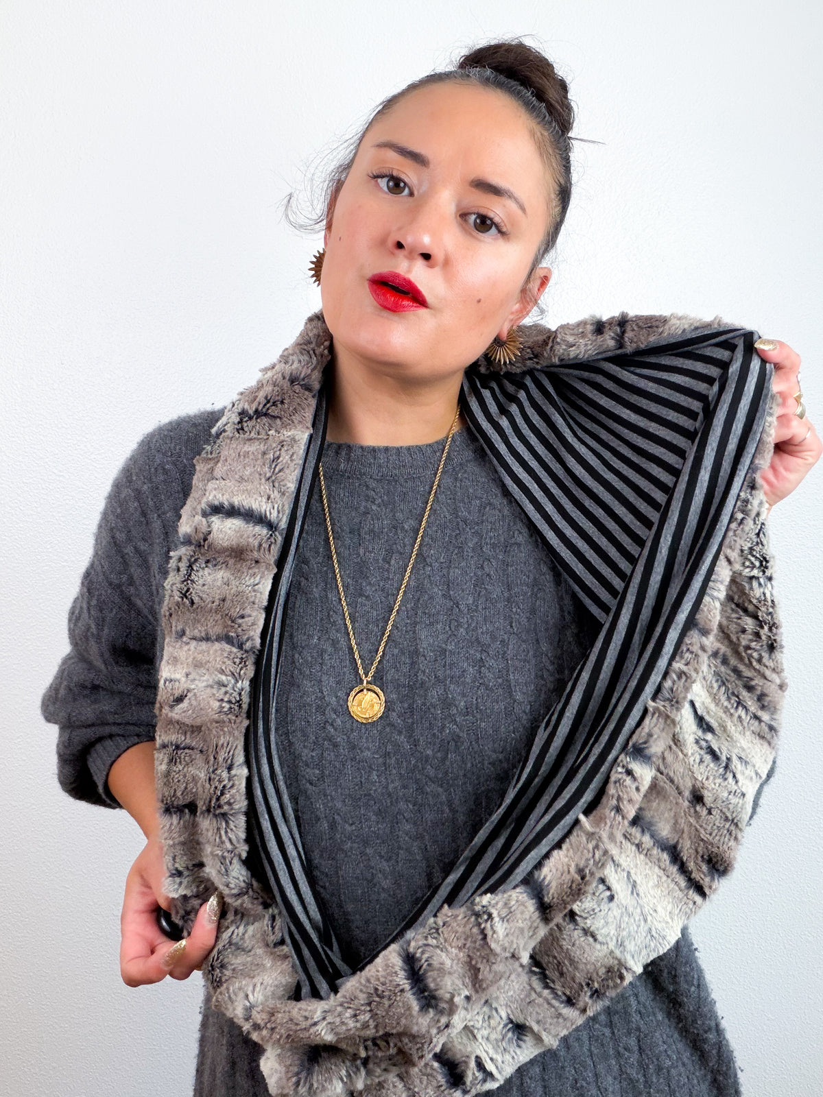 Faux Fur Circle Scarf Mocha on Black Pinstripes