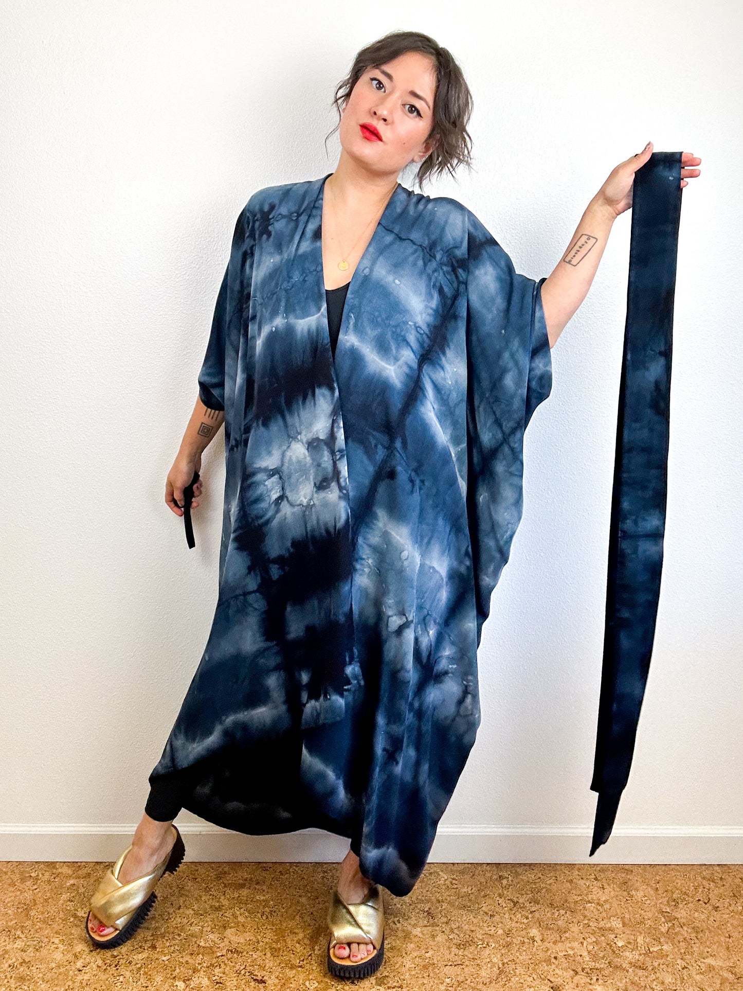 Hand-Dyed High Low Kimono Black Watercolor