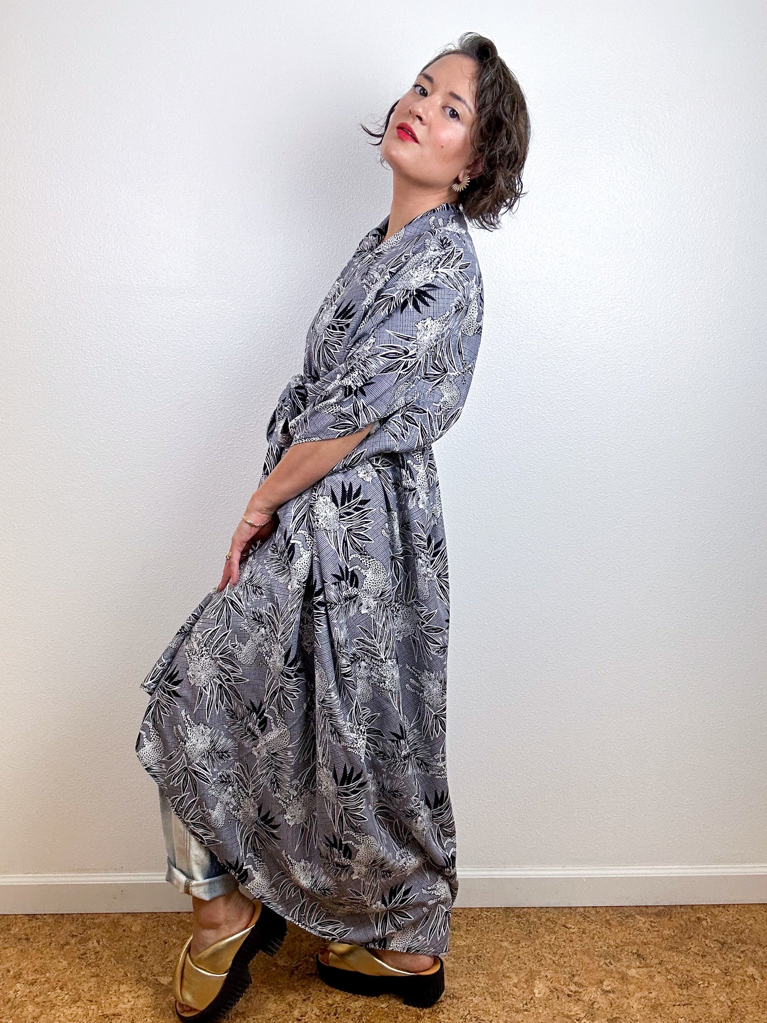 Print High Low Kimono Grey Jaguar Challis