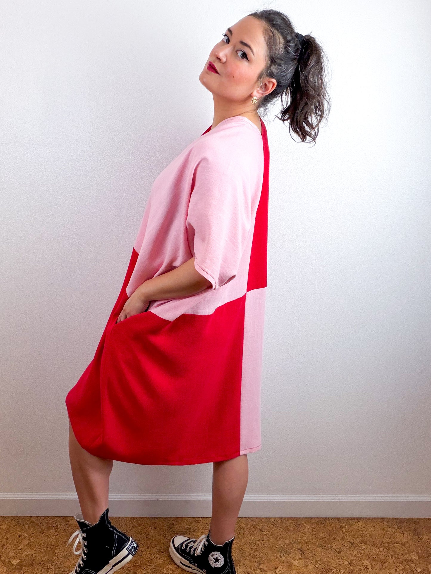 Linen Blend Caftan Dress Pink Red Color Block