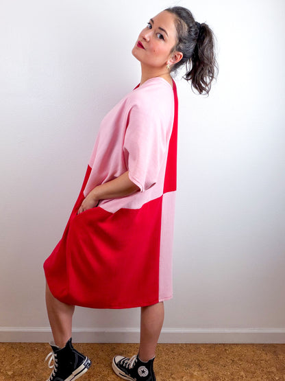Linen Blend Caftan Dress Pink Red Color Block