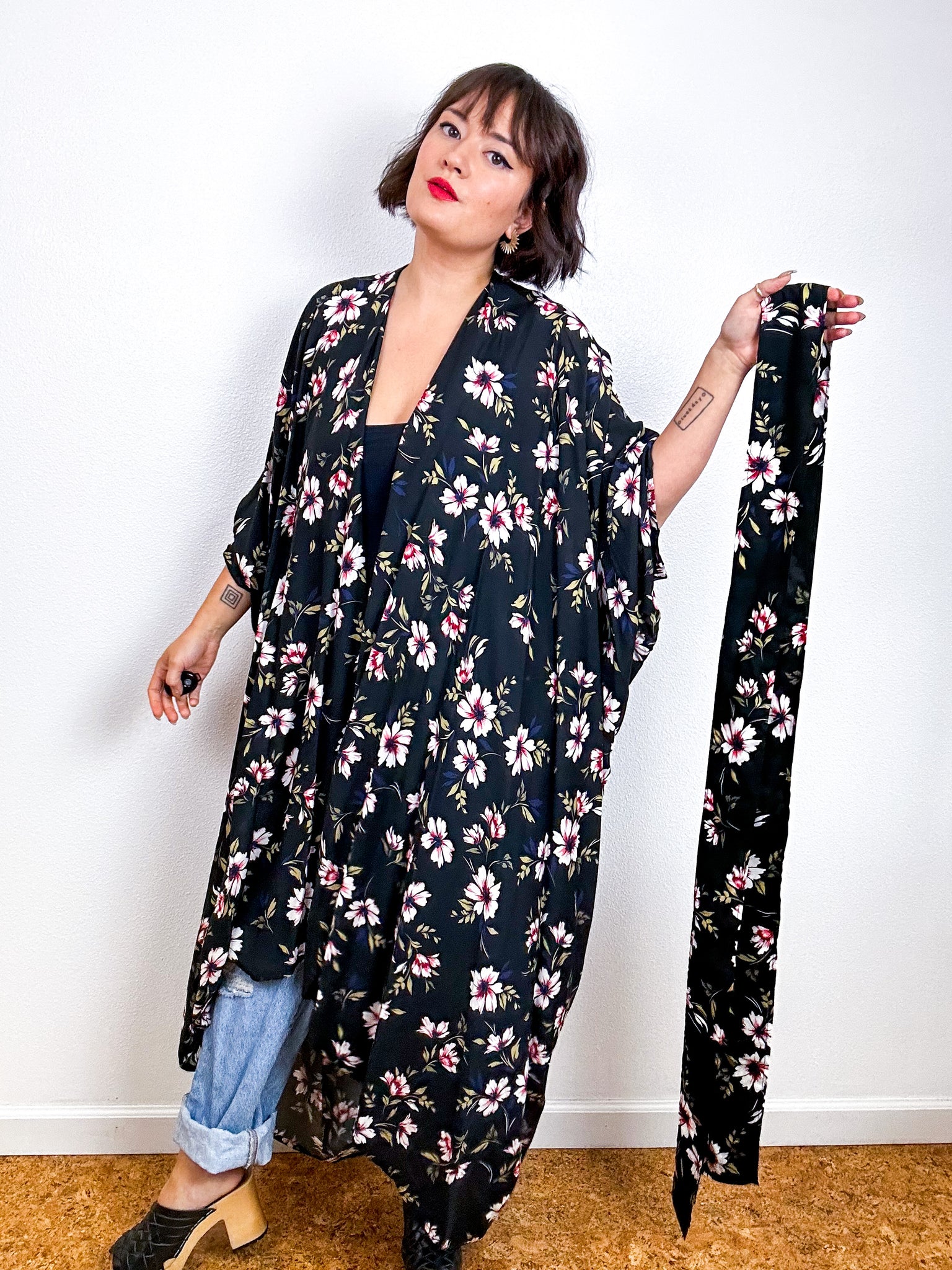 Print High Low Kimono Black Floral Challis