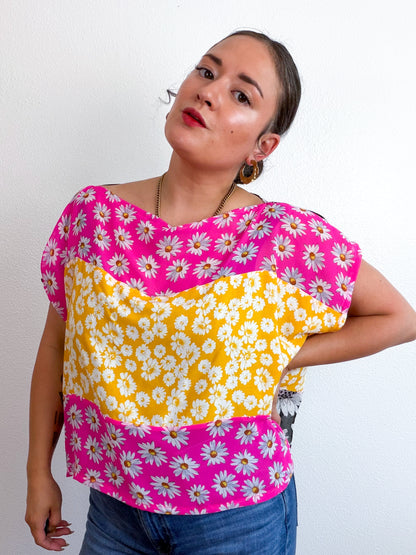 Scrappy Crop Pink Black Yellow Daisies
