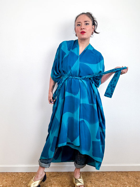 Hand-Dyed High Low Kimono Turquoise Indigo Brush