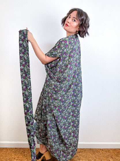 Print High Low Kimono Black Purple Mini Floral Crepe de Chine