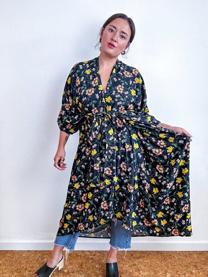 Print High Low Kimono Black Floral Vine Challis