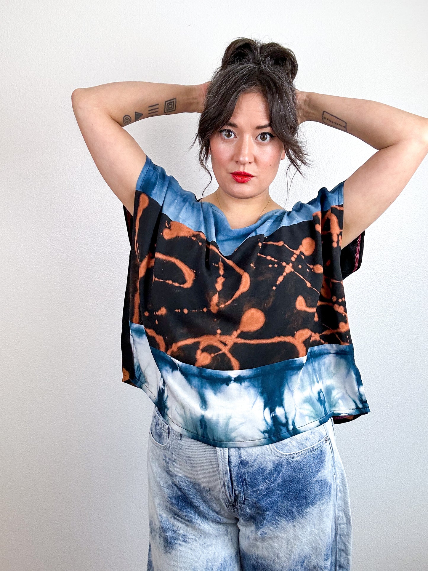 Hand-Dyed Bamboo Scrappy Crop Teal Black Rust Mix