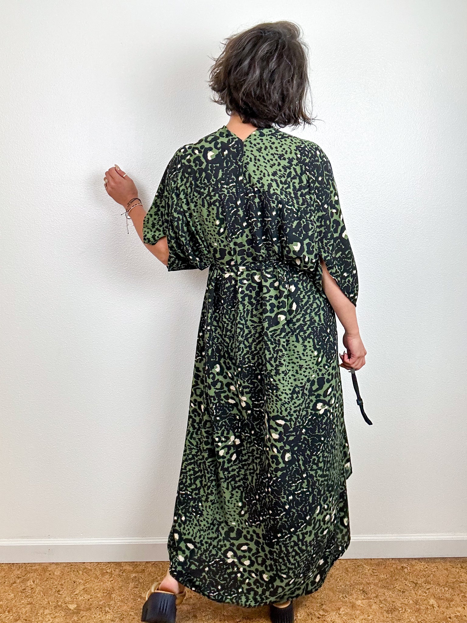 High Low Kimono Olive Leopard Bubble Crepe