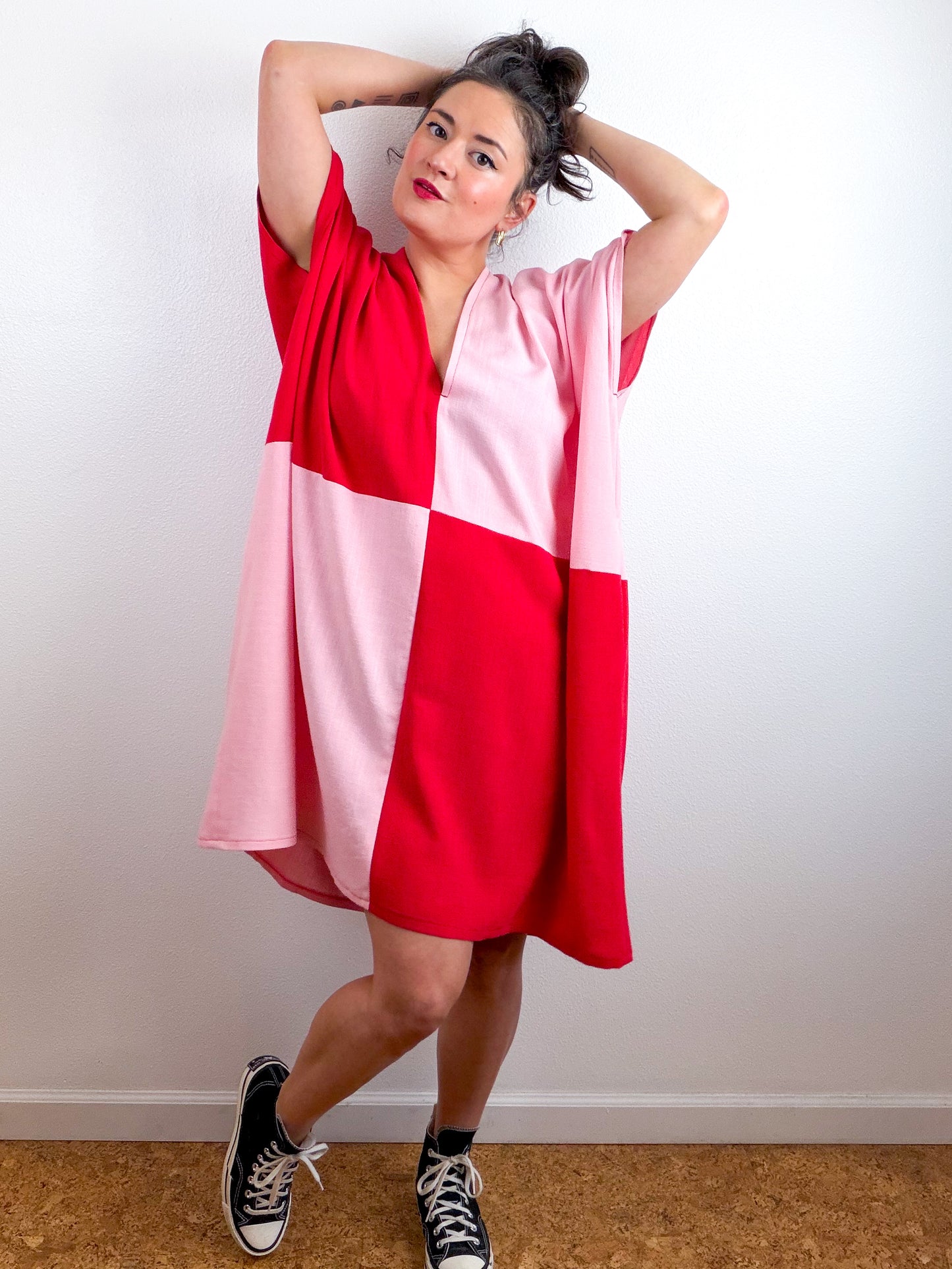 Linen Blend Caftan Dress Pink Red Color Block