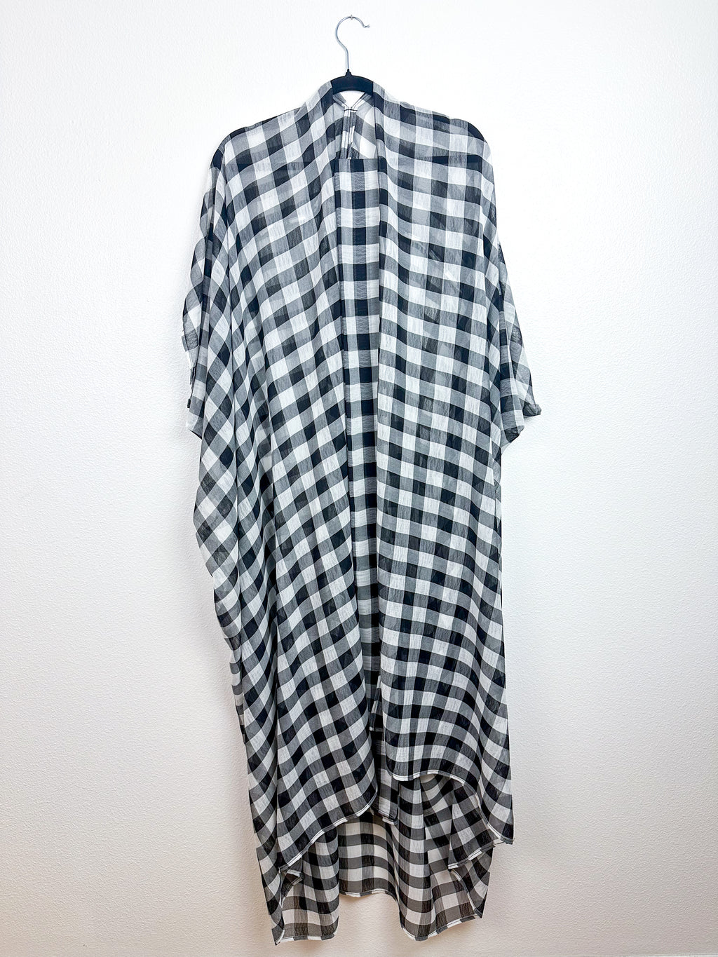 Print High Low Kimono Black Grey Check Chiffon