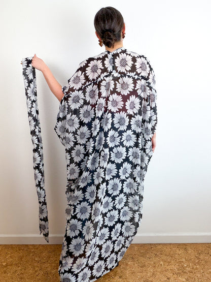Print High Low Kimono Black Daisy Chiffon