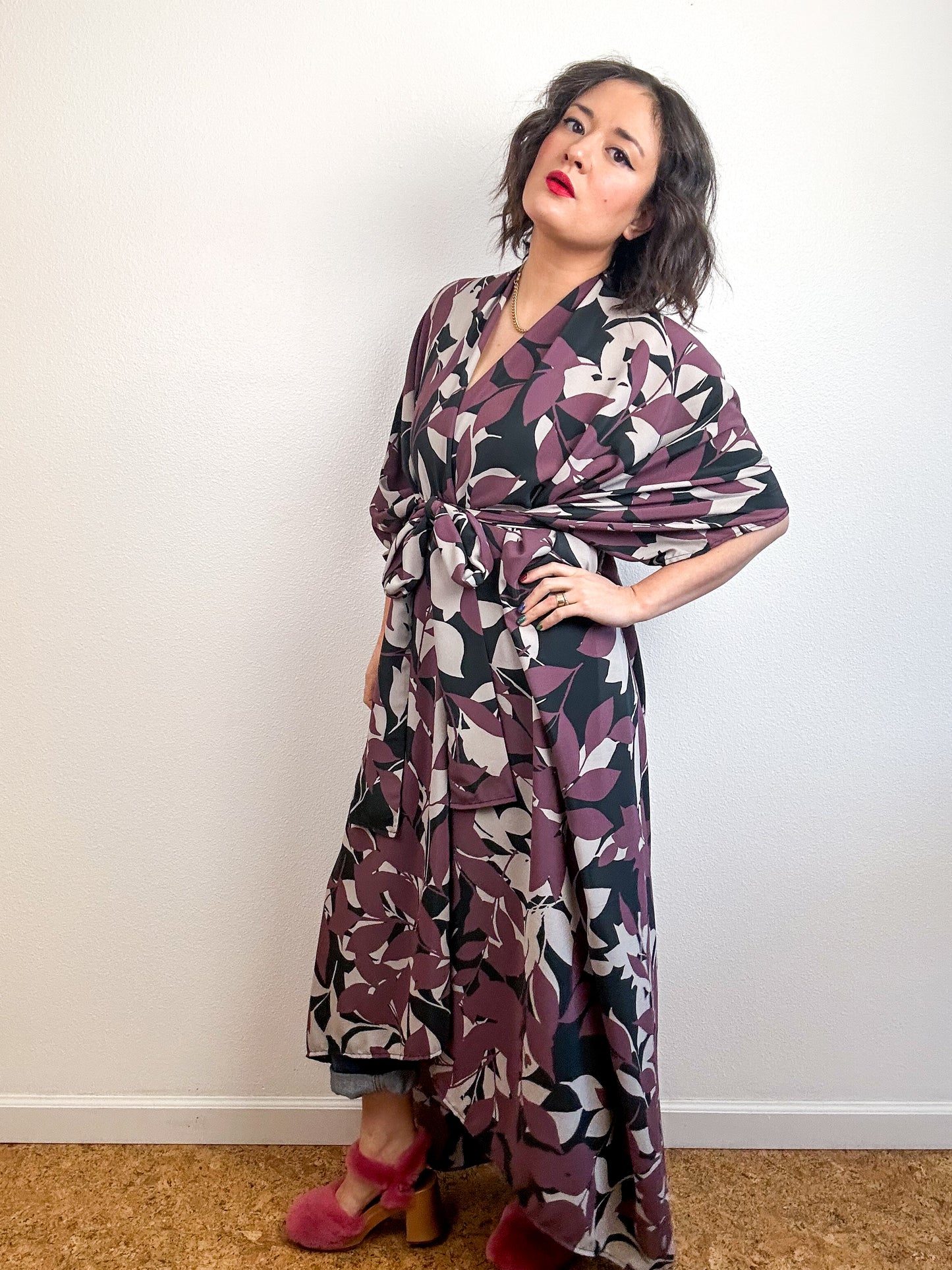 Print High Low Kimono Plum Leaves Georgette