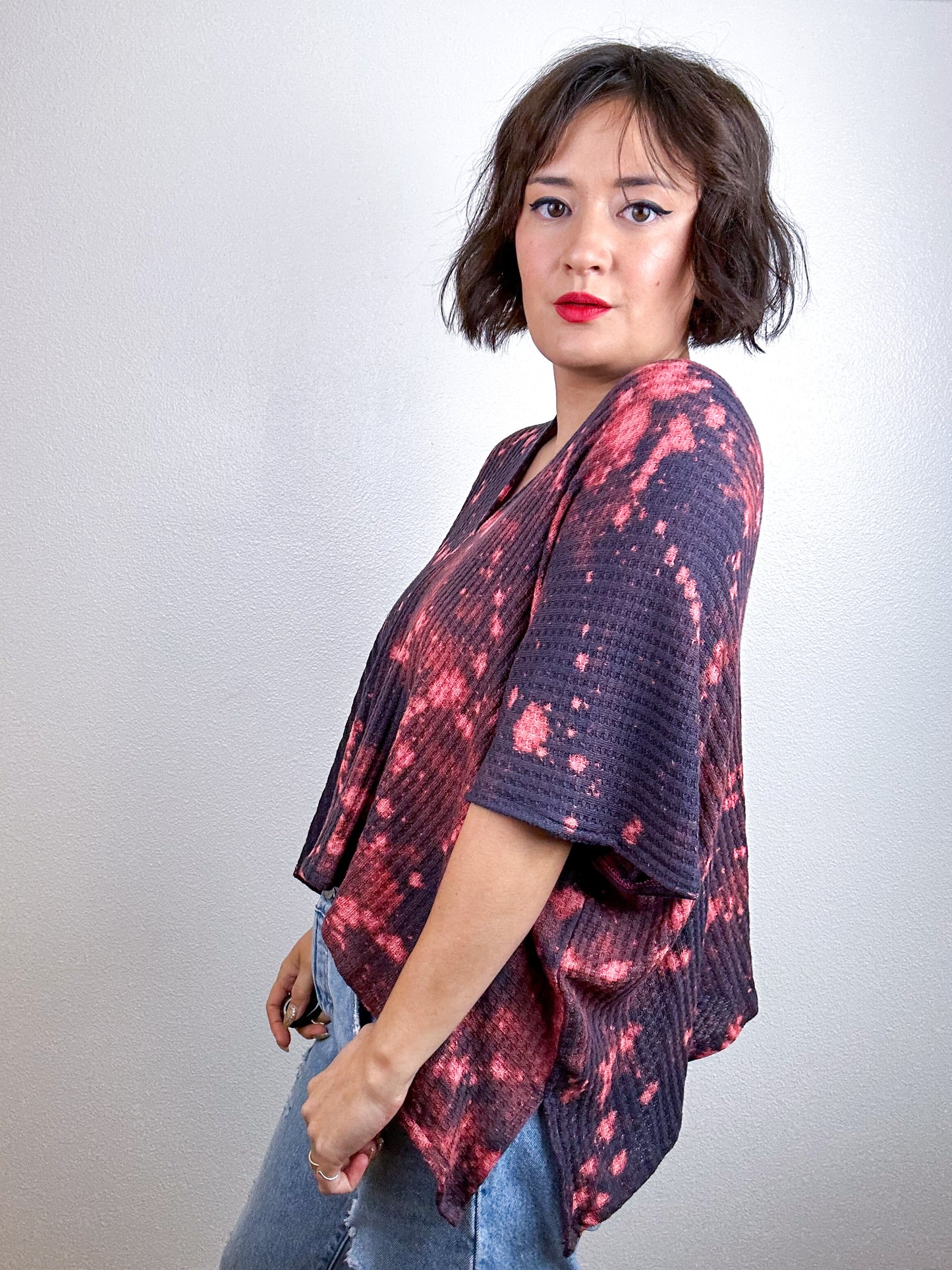 Crop V Sweater Navy Peach Speckle