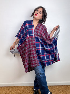 Oversized Patchwork Plaid Smock Dress Navy Maroon