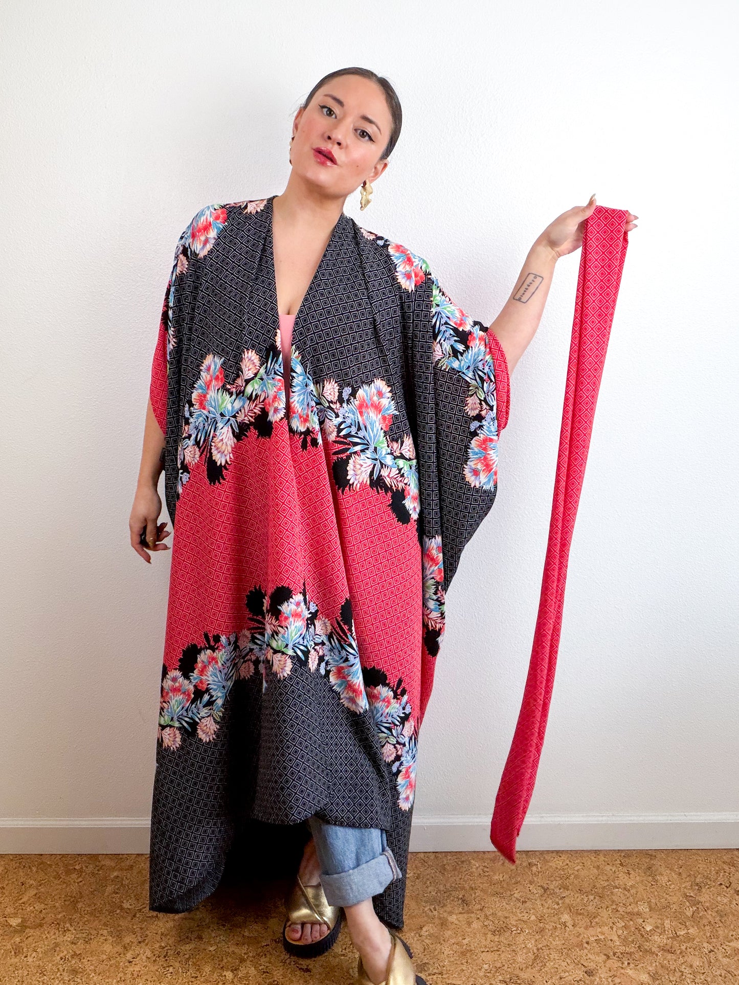 Print High Low Kimono Red Black Tropical Bubble Crepe