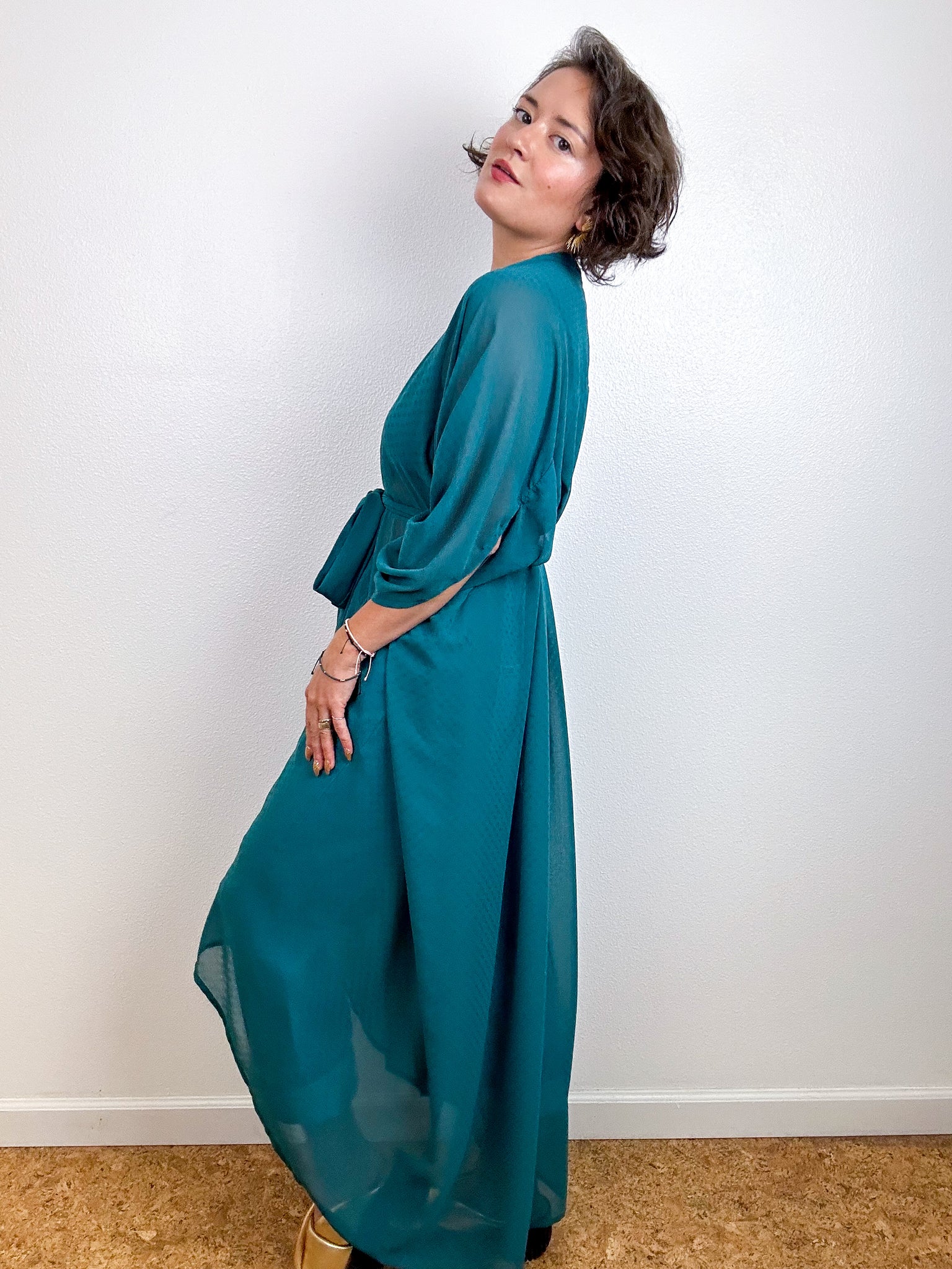 Solid High Low Kimono Teal Dot Chiffon