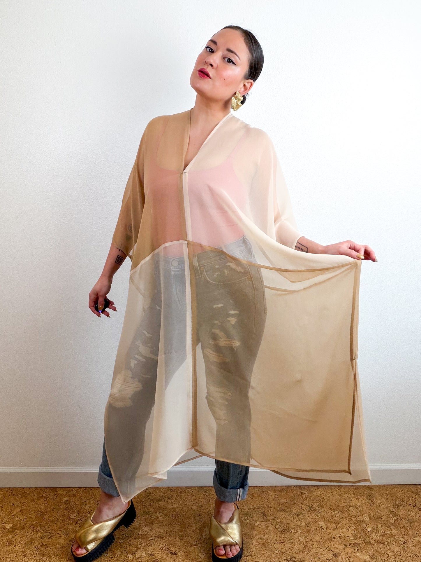 SILK Color Block Midi Caftan Dress Ivory Fawn