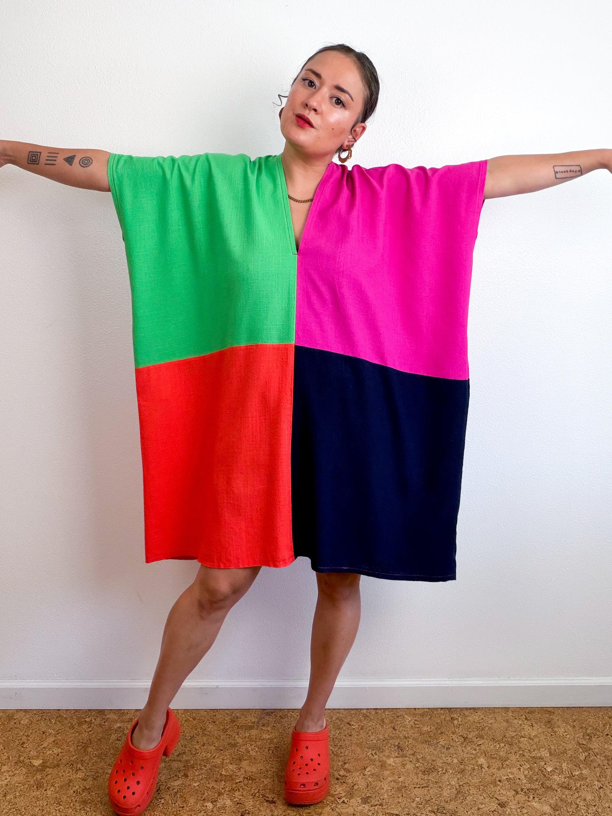 Linen Blend Caftan Dress Fuchsia Navy Green Orange Color Block