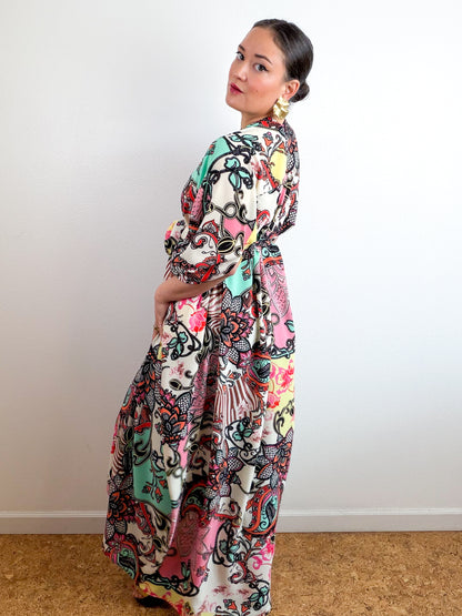 Print High Low Kimono Pink Aqua Paisley Bubble Crepe