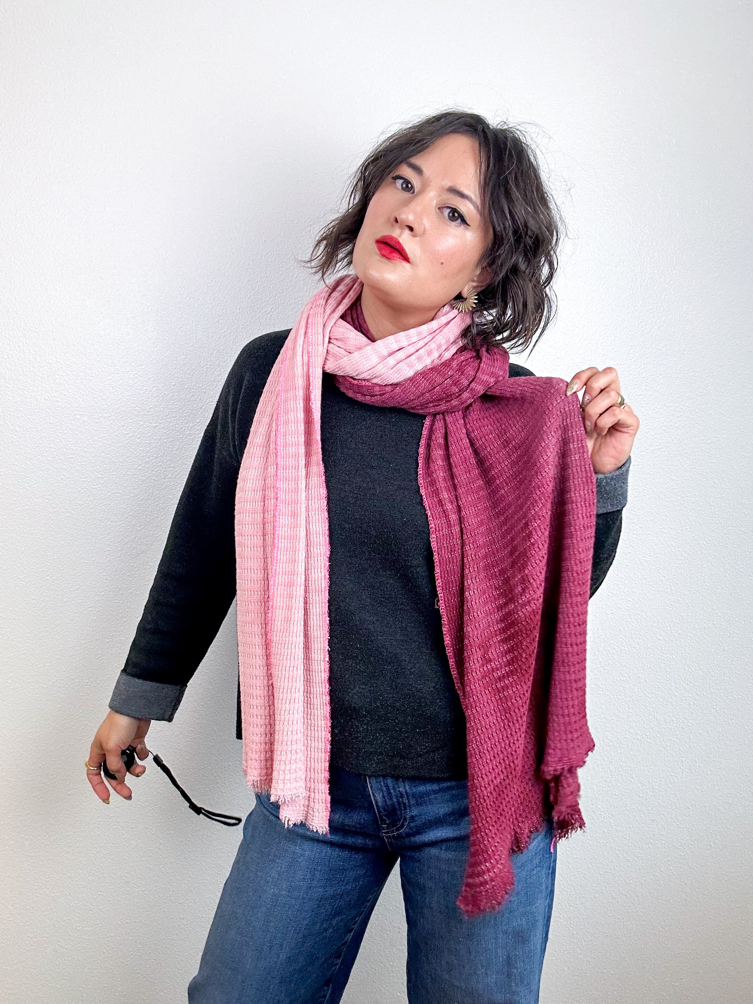 Hand-Dyed Two Tone Knit Scarf Maroon Blush