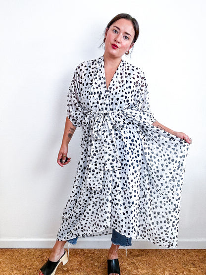 Print High Low Kimono White Black Leopard Dot Chiffon
